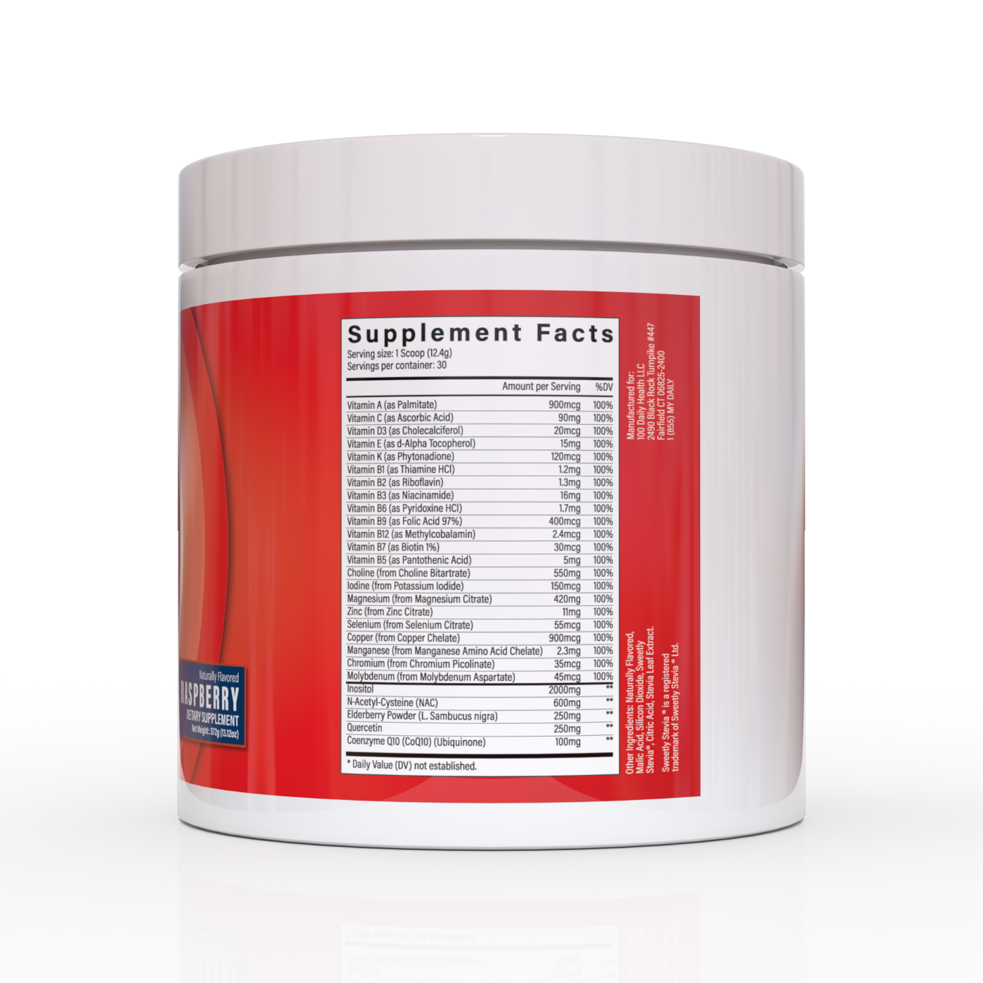 Supplement Facts - 100 Daily Health Drink 13 vitamins 9 minerals plus 5 immune boosters.